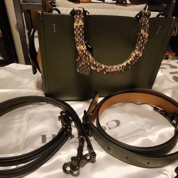 Coach Rogue Size 25. Olive Green Shoulder Bag with Animal Print Accents - Picture 14 of 17